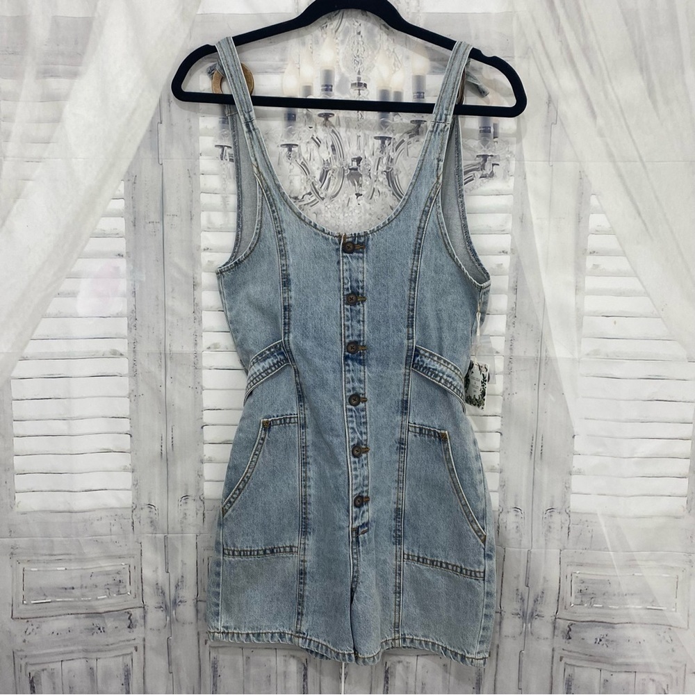 Chelsea & Violet Big Girls Size Large 1 Piece Denim Button Front Tie Back Romper - Picture 1 of 11